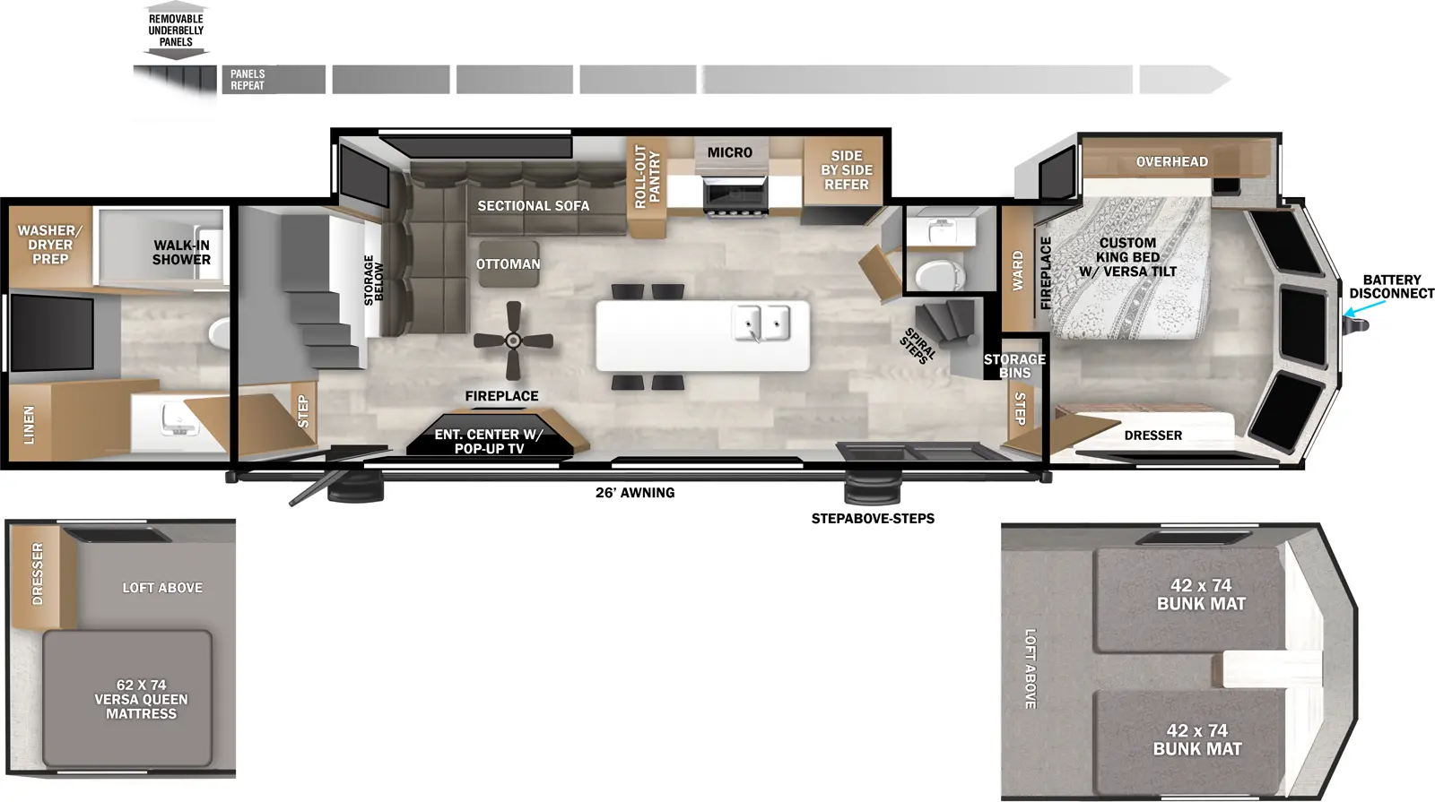 The Salem Villa 44VIEW Floorplan has two entries and two slide outs. Exterior features include: fiberglass exterior and 26' awning. Interiors features include: loft, kitchen island, front bedroom and rear bathroom.